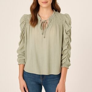 Moon River Green Ruched Sleeve Blouse with Smocked Details